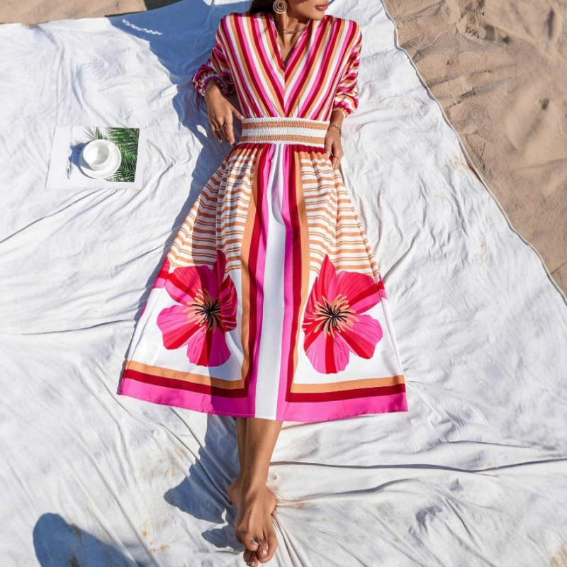 European and American Cross-Border New Robe Rayon Beach Long Skirt Seaside Vacation Printing Popular Independent Station Tk Amazon