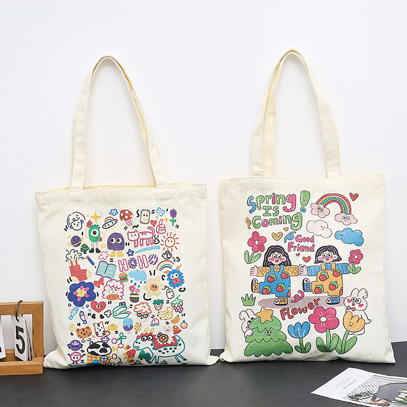 Single Shoulder Strap Strap Type Canvas Bag Bags Type Women's Medium Canvas Cartoon Basic Classic Style Square Open Canvas Bag