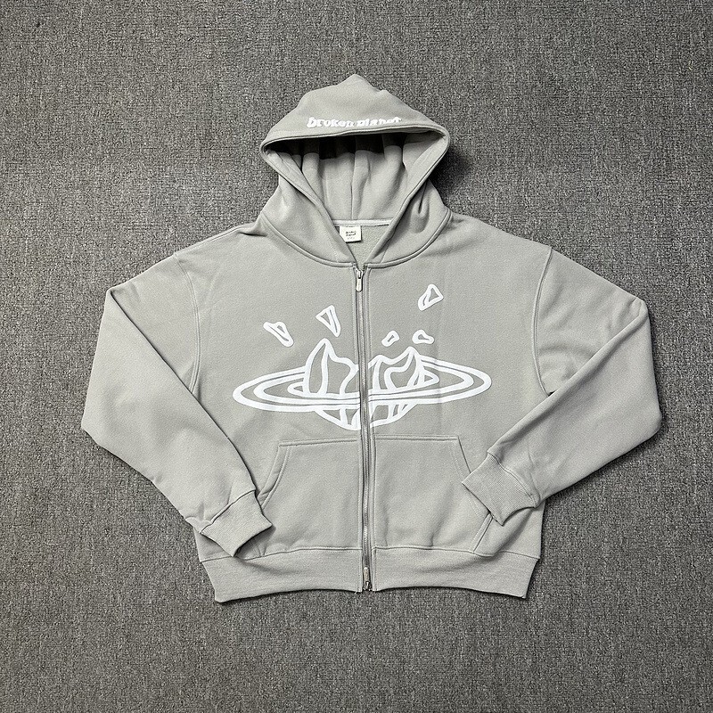 Broken Planet Space Gray Printed Hooded Sweatshirt American Trendy Brand Zipper Jacket Broken Planet Space Gray Printed Hooded Sweatshirt American Trendy Brand Zipper Jacket