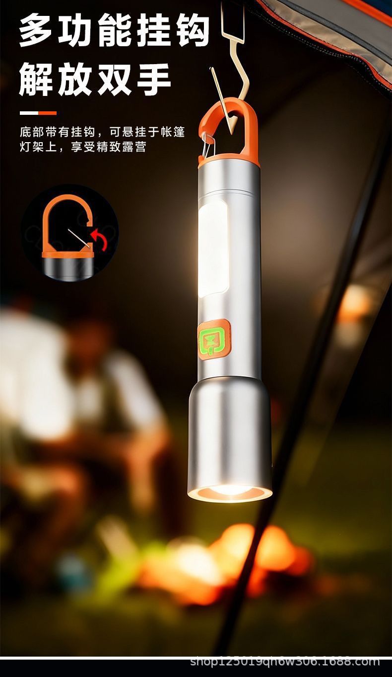 Premium aluminum alloy flashlight, super bright, rechargeable, with adjustable zoom and long-range beam, ideal for outdoor activities like hiking, fishing, and camping