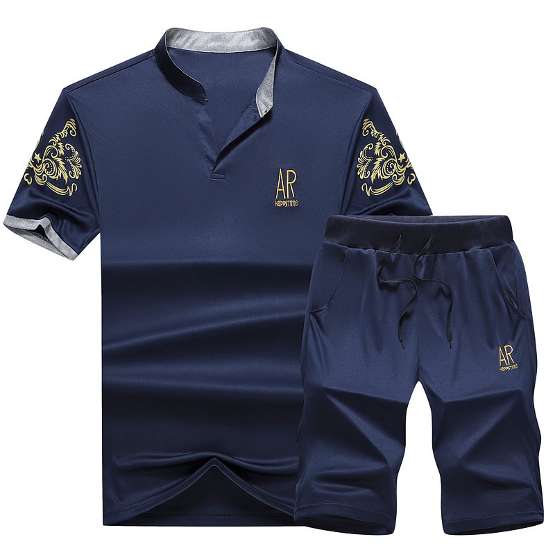 Trajes deportivos transfronterizos para hombres, trajes deportivos de verano de manga corta, camisetas de cuello para hombres, pantalones cortos, trajes de comercio exterior