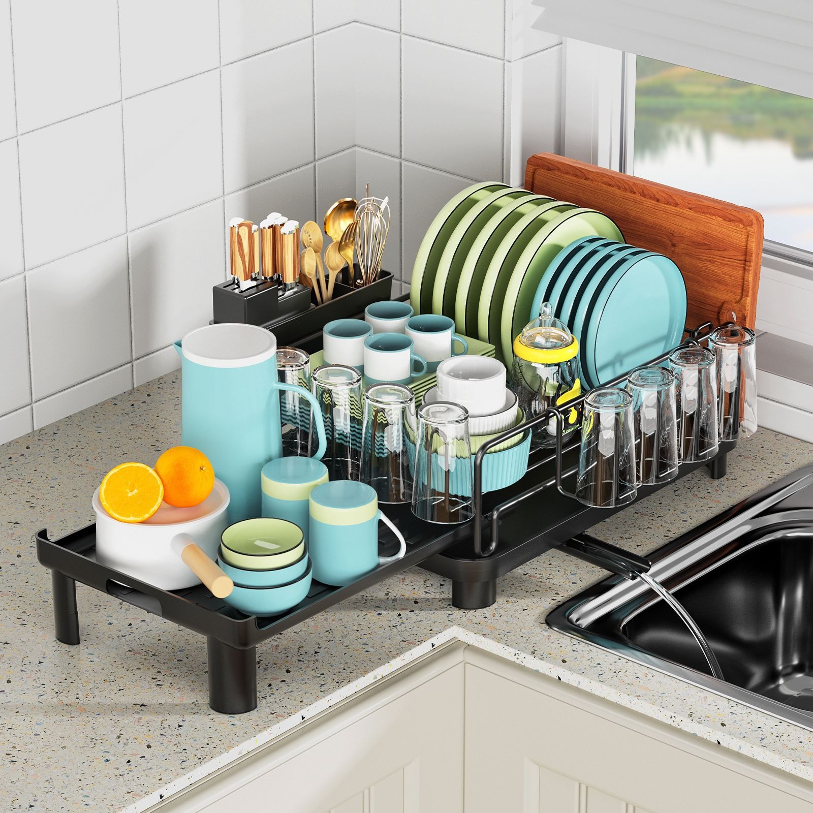 Estante de platos retráctiles en el mostrador de cocina multifuncional de drenaje de agua estante de platos de cena estante de tazas estante de tablero de corte palillos tubo cuchillo y soporte de tenedor