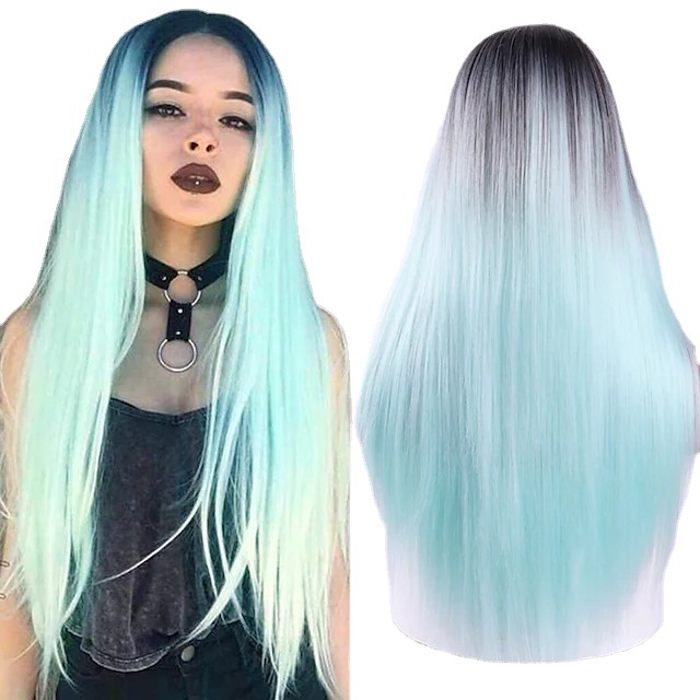 Synthetic wig Women's medium length straight hair dyed gradient multi-color wig fashionable without bangs_voghion.com