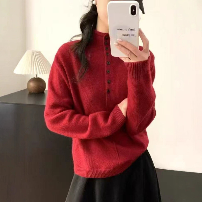 秋冬新款半开扣高领毛衣女加厚长袖针织衫上衣时尚百搭针织衫打底|undefined