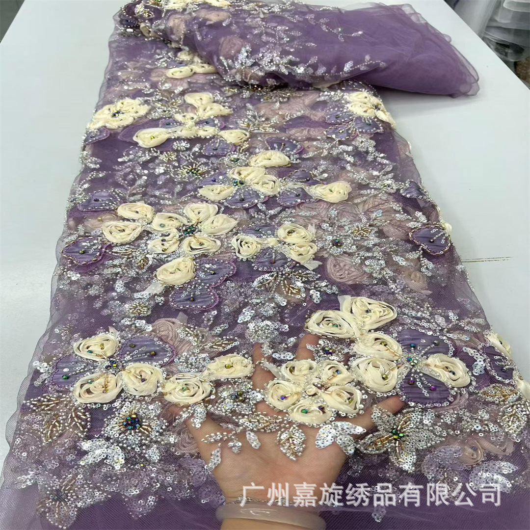 Nueva tela de gasa con bordado de malla de terciopelo con diseño de hojas, tela de encaje para vestidos de novia de moda africana.