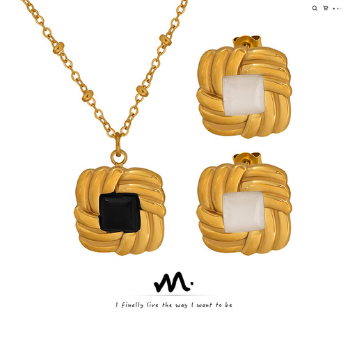 French Retro Colorfast Titanium Steel Gold Plated Twisted Pattern Enamel Cat's Eye Glass Stone Necklace Earrings Set