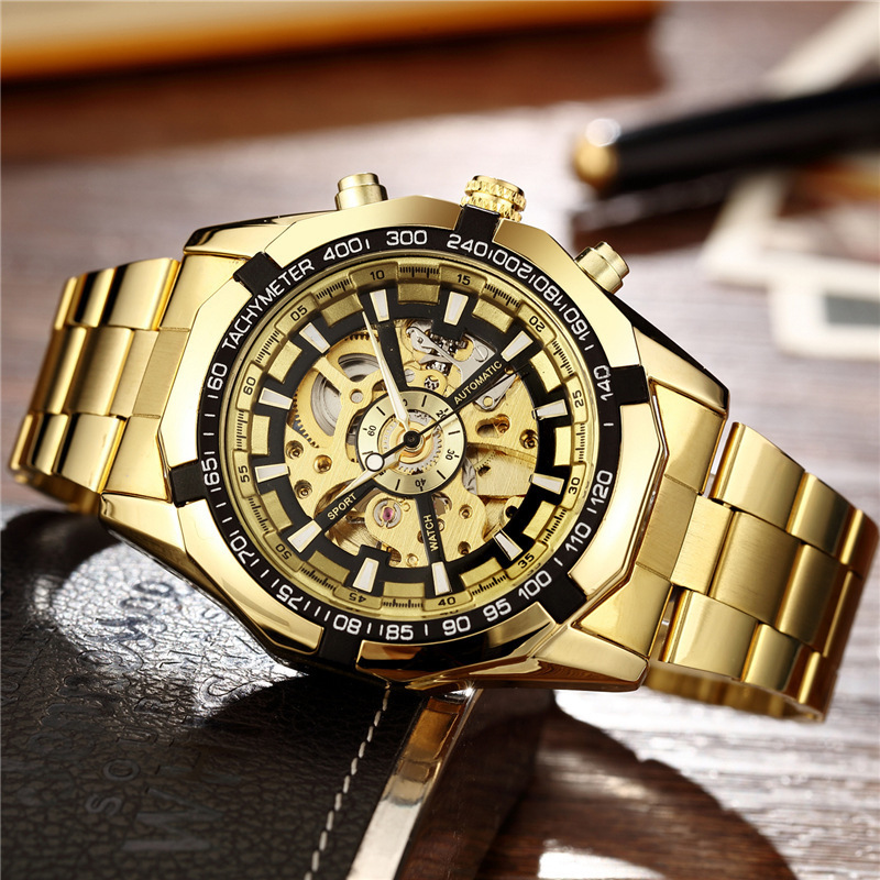 Cross-border explosions Swiss men's fashion steel band watches automatic hollow mechanical watches watch a generation of hair