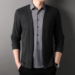 Spring 2024 New Cardigan Fake Two-piece Men's Shirt Long-sleeved Middle-young Lapel Sweater Men's Trendy Brand