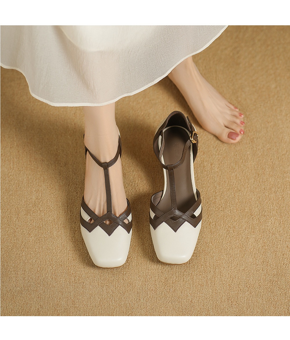 Sandal nữ mũi nhọn quai chữ T gót vuông cổ điển phối màu da bò — đen chi tiết 2