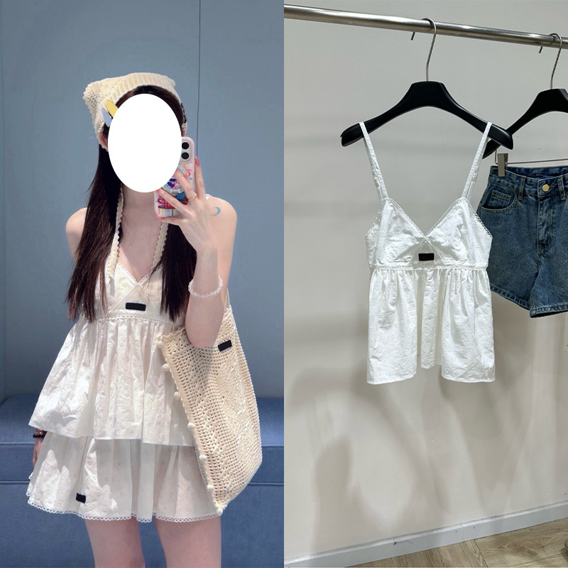 2026 Spring/Summer Shenzhen Nanyou White Cotton Linen Letter Logo Hollow Out Lace Strap Top Loose Fit Young Girl Style Women's Model