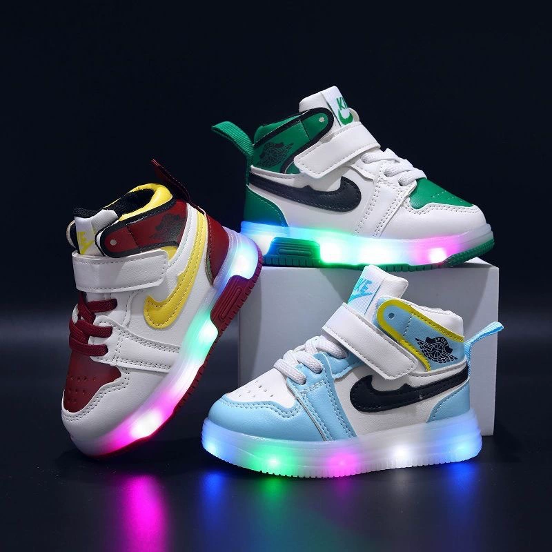 2024 весна и осень, новые модные светящиеся кроссовки AJ, детская обувь для малышей со светодиодной подсветкой, повседневная обувь с высоким верхом
