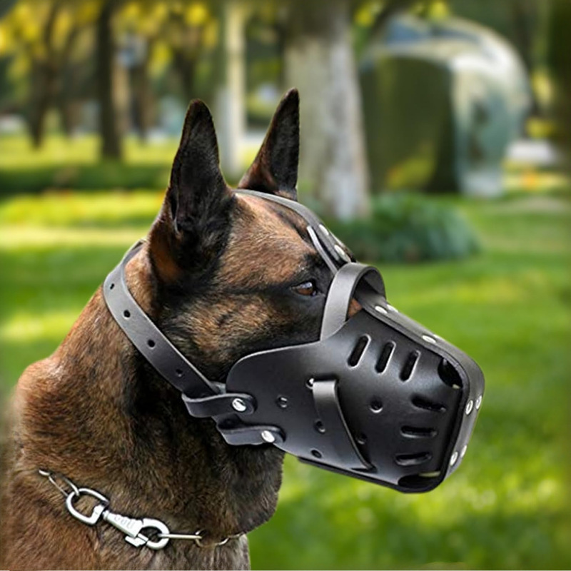 Cubierta de boca de acero inoxidable piel de vaca entrenamiento de perros jaula de boca de protector de pastoral de gran tamaño equipo de entrenamiento de perros jaula de boca esférica resistente a la mordida