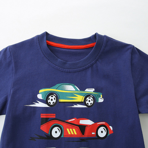 2024 Summer New Boys' T-Shirt Western Style Cartoon Car Print Sports Top Children's Round Neck Short Sleeve Shirt
