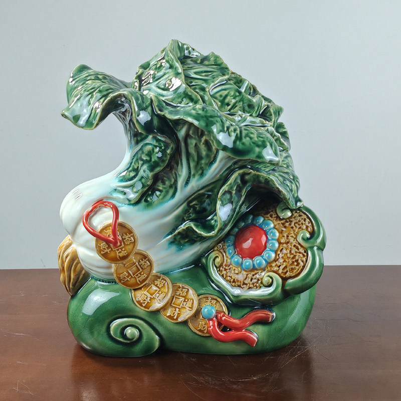 Shiwan Ceramic Figurine with Cabbage and Five Lucky Coins, Wealth-Attracting Crafts, Home Decoration, Living Room and Office Ornament Shiwan Ceramic Figurine with Cabbage and Five Lucky Coins, Wealth-Attracting Crafts, Home Decoration, Living Room and Office Ornament