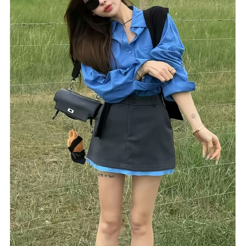 早秋穿搭一整套韩系新款克莱因蓝长袖衬衫半身裙独特巨好看套装女|undefined