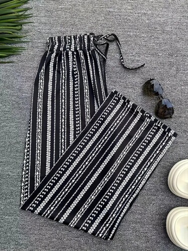 Women's Loose Straight Leg Pants with Vertical Stripes, Casual, Slim Fit, Drawstring, Spring and Autumn Season, Versatile, High-Waisted