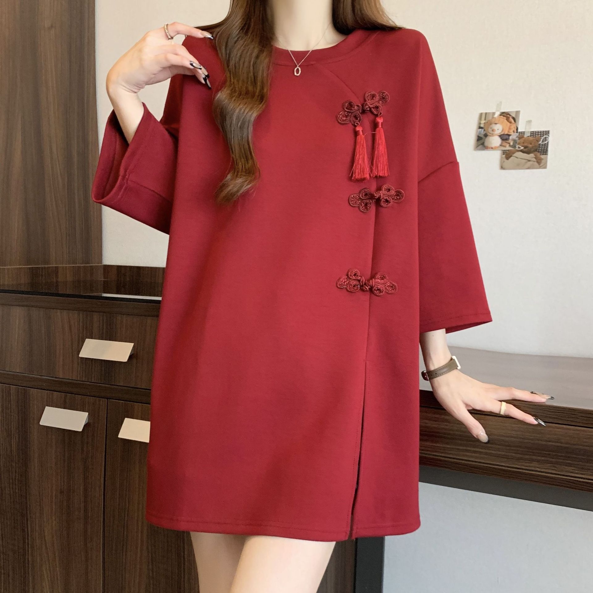 Camiseta de manga corta con hebilla de estilo nacional de la industria pesada para mujeres 2024 verano nuevo estilo suelto y delgado top de talla grande para mujeres ins image 7