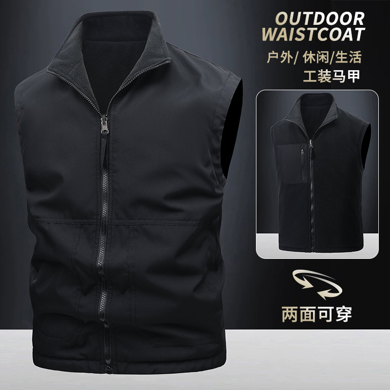 Primavera y otoño, uso de doble cara más chaleco de comercio exterior de terciopelo, chaleco de herramientas multibolsillo antisalpicaduras para exteriores para hombres, personalización avanzada