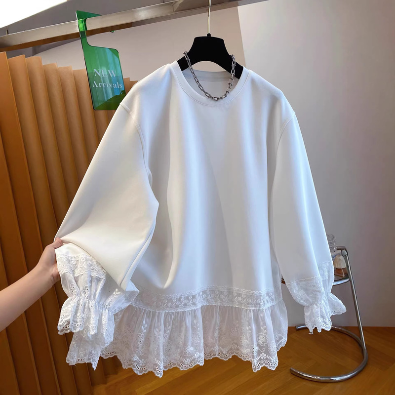 Cross-Border White Solid Color Plus Size 150kg Lace Trim T-Shirt Women's Long Sleeve 2026 New Style Loose Top for Spring and Autumn Cross-Border White Solid Color Plus Size 150kg Lace Trim T-Shirt Women's Long Sleeve 2026 New Style Loose Top for Spring and Autumn