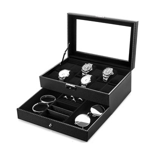 Cross-border leather carbon brazing pattern watch box with lock high-end leather watch display box Watch storage organizing bag