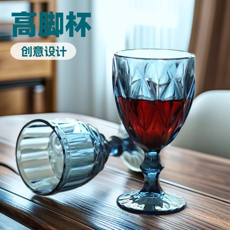 Gran por mayor transfronterizo vasos de vino en relieve europeos tazas de vidrio de colores tazas de bebida de jugo de frutas espesadas tazas de leche de boda tazas de pies altos