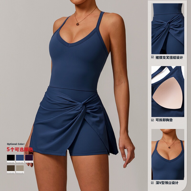 European and American Sexy Anti-Exposure Yoga Jumpsuit with Chest Pad Tight Sports Suspender Twist Dress Tennis Skirt for Women