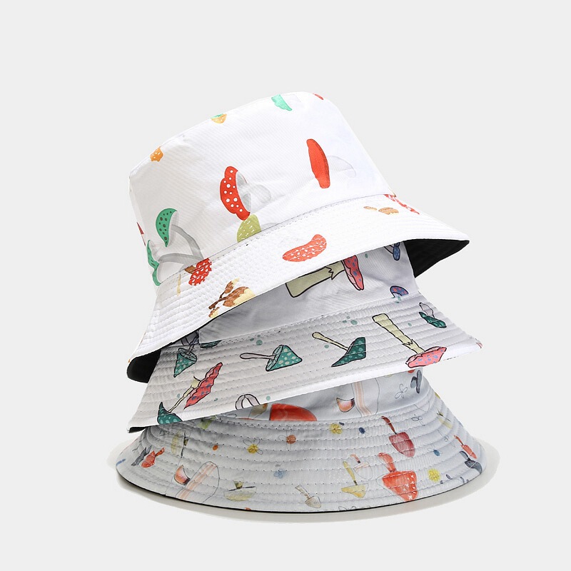 2022 new mushroom pattern double-sided fisherman hat trendy men and women spring and summer outdoor white basin hat sun protection hat