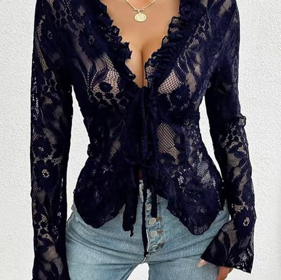 26 Women's Open-Front Lace-Up See-Through Lace Top with Long Sleeves and Ruffle Trim, See-Through Mesh Lace Short Top 26 Women's Open-Front Lace-Up See-Through Lace Top with Long Sleeves and Ruffle Trim, See-Through Mesh Lace Short Top