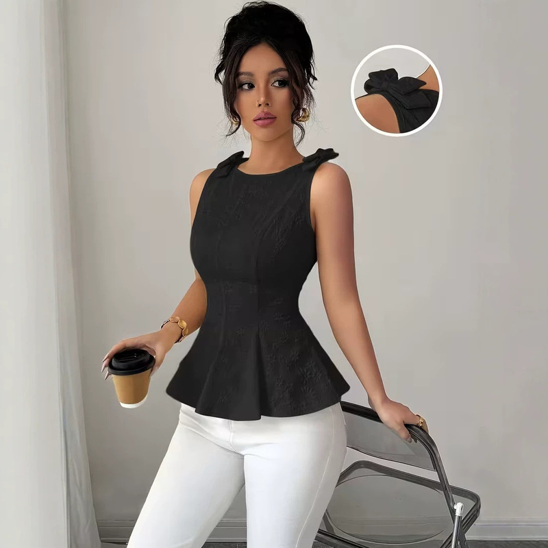Wholesale European and American Style Women's Clothing, New Spring Collection, Women's Bow-Decorated Boat Neck Sleeveless Short Skirt-Style Hem T-Shirt Top