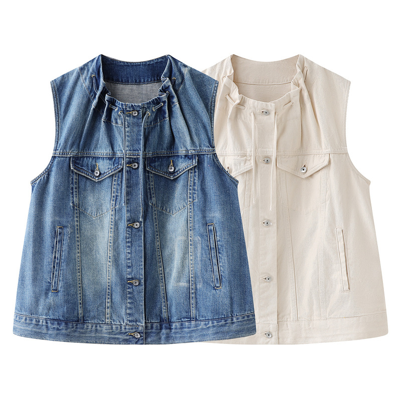 In Stock! Fashionable Casual Versatile Round-Neck Sleeveless Denim Vest for Women, Short Casual Vest Top