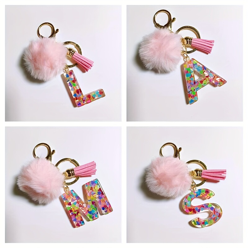 Resin Letter Pink Fluffy Pom Tassel Keychain with Resin Flash Sequins Letter Ladies Cute Fashion