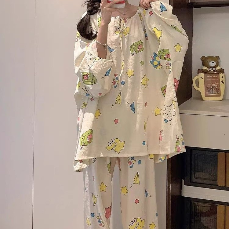 Pijamas de algodón nubes al por mayor transfronterizos de primavera y otoño de cuello redondo hoodie de mangas largas pantalones dulces y sueltos ropa para el hogar cómoda