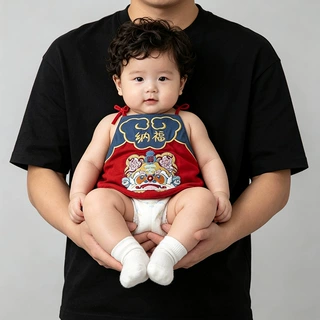 婴儿夏季生日满月肚兜国风纳福醒狮刺绣肚围贴身柔软宝宝衣服批发