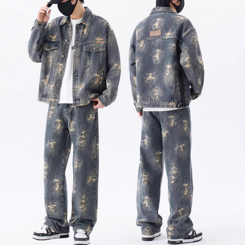 Men's American Style Trendy Jacquard Denim Jacket High Street Retro Loose Straight Leg Jeans Suit For Spring Autumn_voghion.com