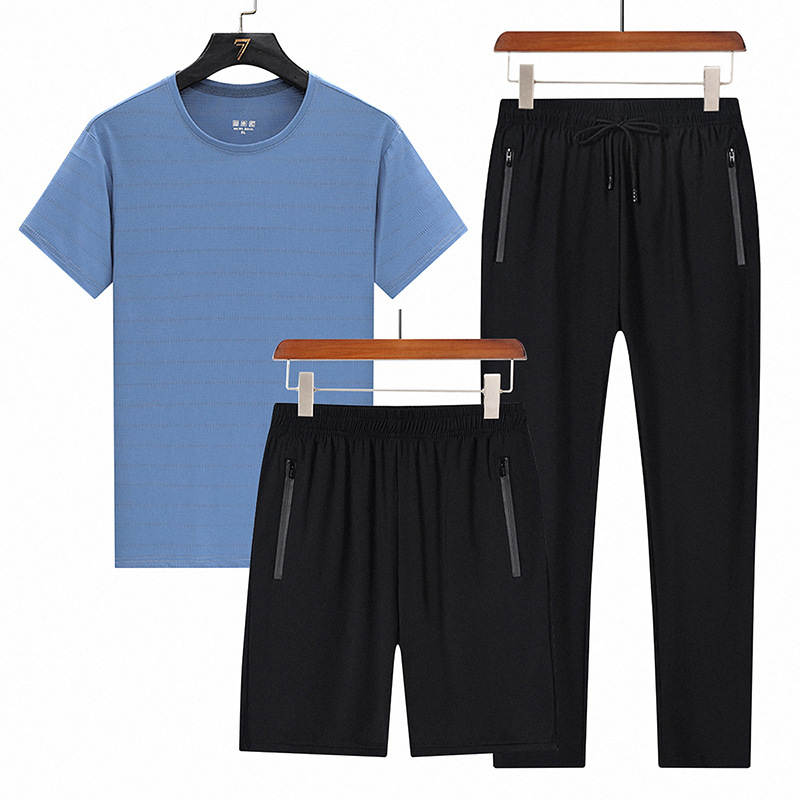 Trajes deportivos de verano transfronterizos de seda de hielo para hombres, camisetas de manga corta, pantalones cortos de tres piezas casuales para hombres