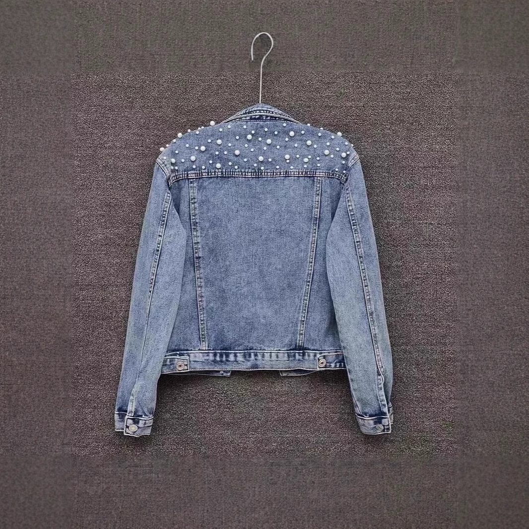 Women's Denim Jacket With Pearl Embellishments, Short Length, Plus Size, Stylish And Comfortable For Casual Wear - Black, White, Sky Blue_voghion.com