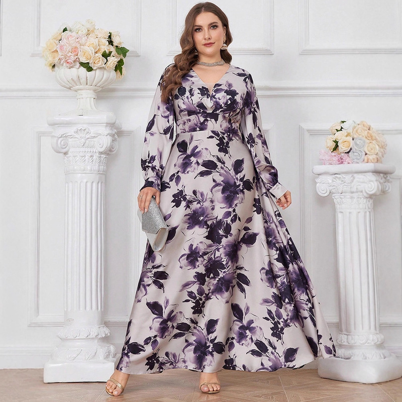 Kyp1177 Cross-Border Amazon Elegant V-Neck Women's Plus Size Dress Printed Long Sleeve Fashion Long Dress Holiday Dress Kyp1177 Cross-Border Amazon Elegant V-Neck Women's Plus Size Dress Printed Long Sleeve Fashion Long Dress Holiday Dress