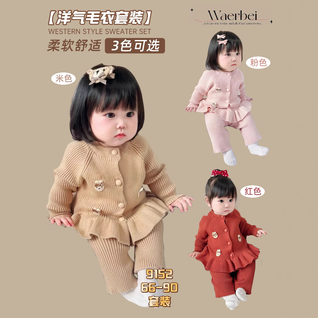 春秋季婴儿童装女宝宝荷叶边毛衣套装保暖小兔可爱单排扣圆领休闲