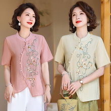 新中式夏装短款刺绣棉麻小衫不规则下摆斜襟短袖上衣小个子妈妈装