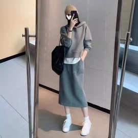 大码女装早秋休闲时尚两件套连帽卫衣半身裙套装胖mm200斤300ins