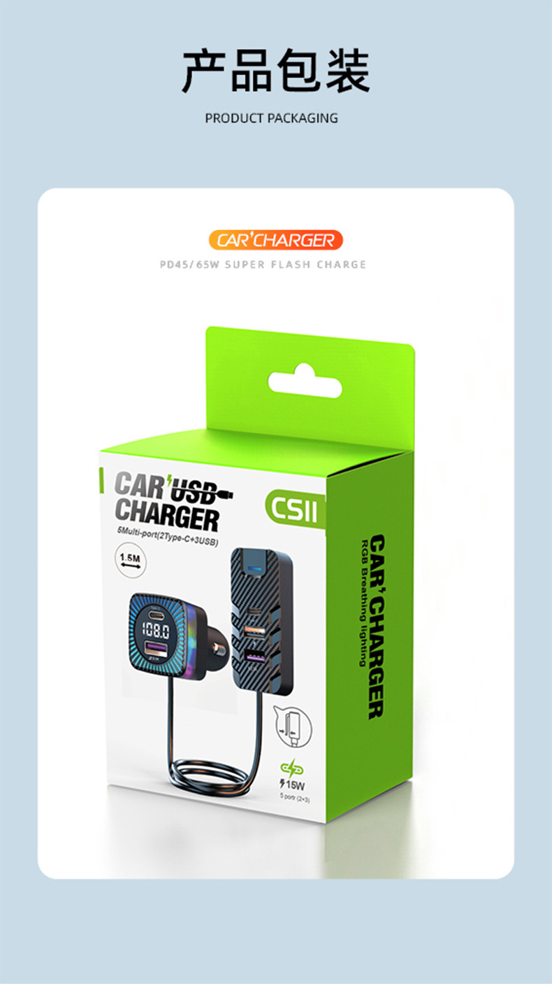 Rear Multi-Port Car Charger Bluetooth Mp3 Player Fm Transmitter Translucent Car Charger Flash Charging Digital Display