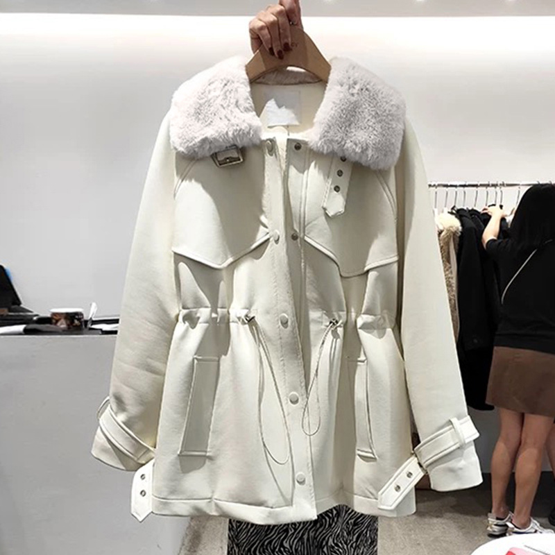 现货爆款冬新款加绒加厚保暖皮毛一体系带修身皮衣外套女一件代发|ru