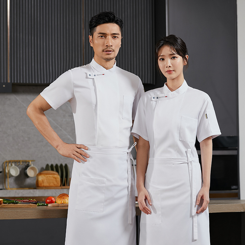弹力厨师工作服短袖男春夏餐厅食堂酒店餐饮烘焙后厨房厨师服装女