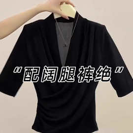 仅用于产品展示勿拍-小众设计感黑色正肩短袖T恤女夏季掐腰五分袖