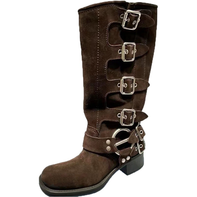 Cuero genuino hecho a mano Miu chunky talón rodilla alta Caballero botas occidentales de las mujeres retro punk estilo marrón motocicleta botas