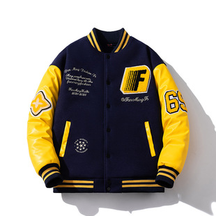 American Racing Motorcycle Baseball Suit Men's Couple Embroidered Woolen Spelling PU Leather Jacket Quilted Thickened Student Jacket Trendy