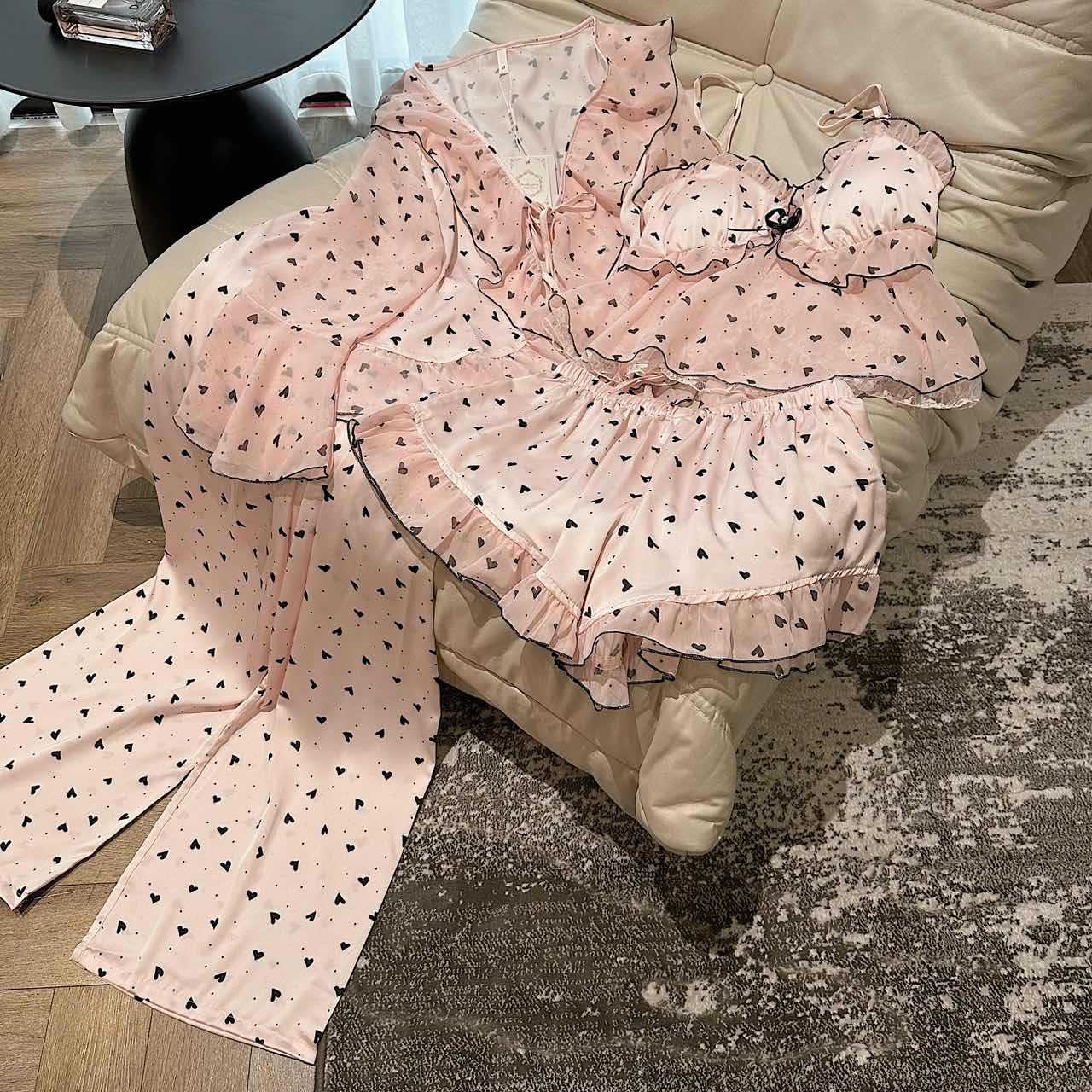 6079 서스펜더 반바지 + 긴팔 바지 4종 세트 핑크