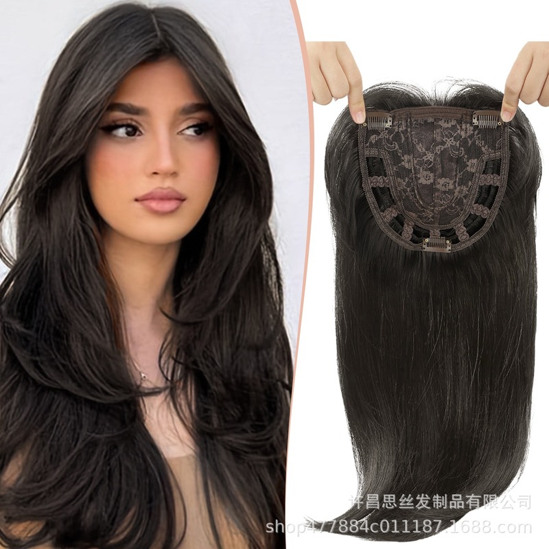 跨境欧美假发女 化纤发块八字刘海长直发头顶补发块遮白发隐形wig|undefined