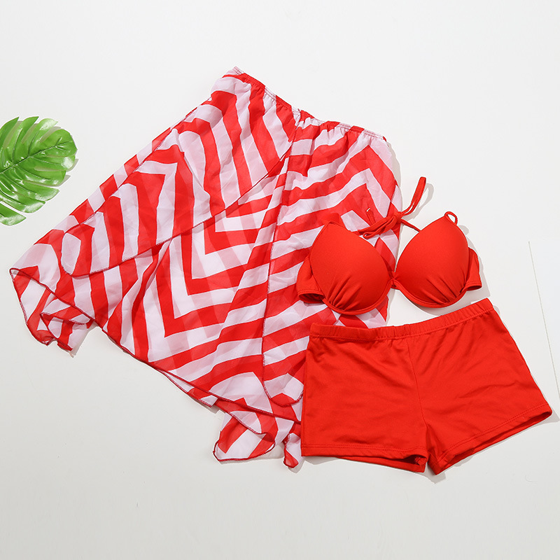 Oferta especial bikini traje de baño de tres piezas falda de mujer sexy pequeño pecho push up split traje de baño de aguas termales