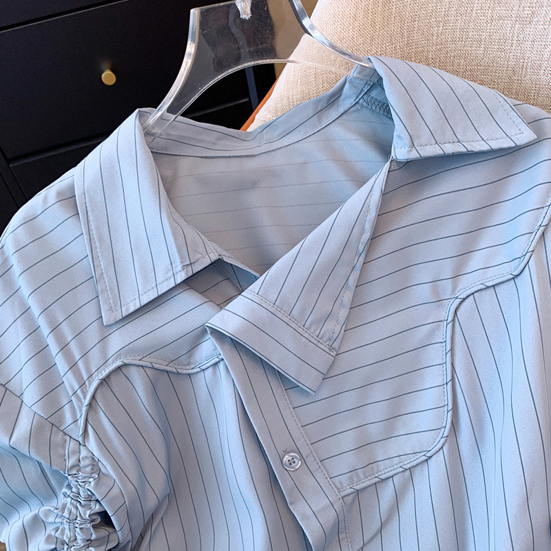 Design blue striped shirt women's spring and autumn new large size fat and thin medium and long irregular drawstring upper generation_voghion.com